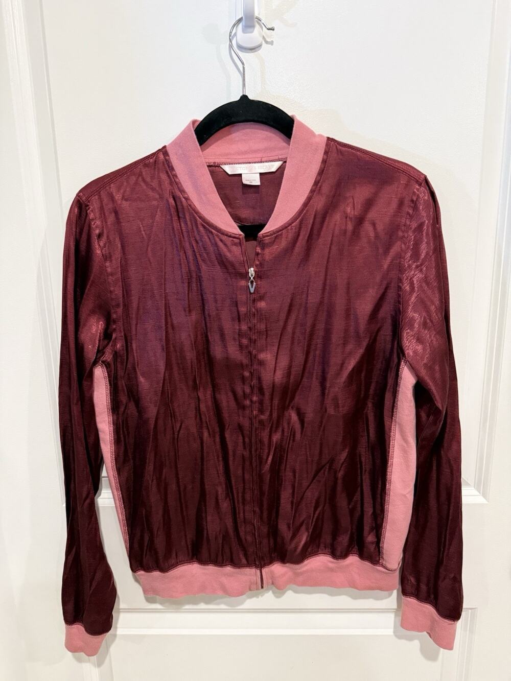 NWT VICTORIA'S SECRET BURGUNDY W/PINK SATIN ZIP FRONT Track JACKET SZ Medium